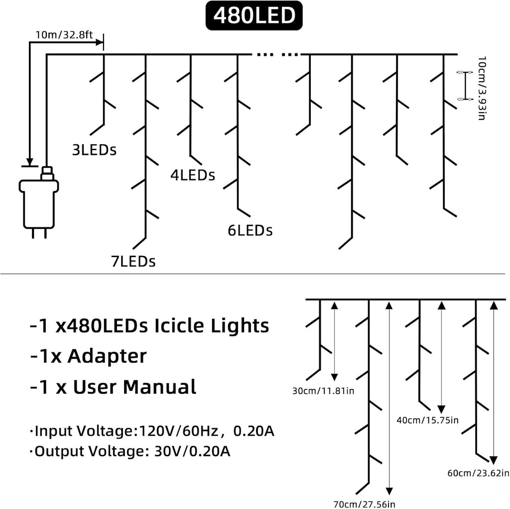 Outdoor Icicle Lights - 480 LED 66+33 FT 8 Modes Curtain Fairy String Light Plug , Waterproof for Eaves Yard