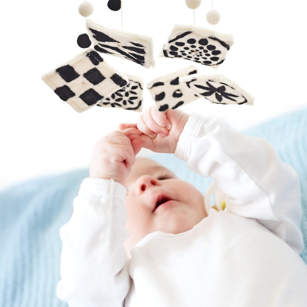 Black and White Baby Crib Mobile | Safe High Contrast Wool Toys, Neutral Room Decor for Boy & Girl | Develops