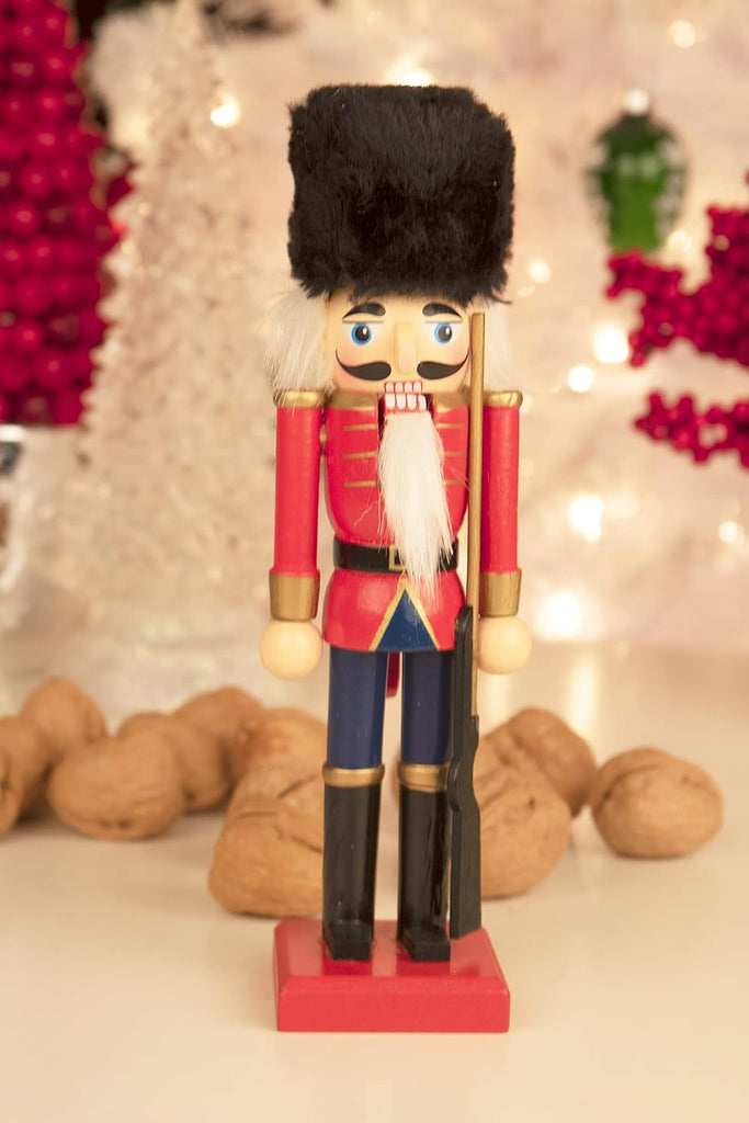 British Soldier 8 Inch Traditional Wooden Nutcracker, Festive Christmas Décor for Shelves and Tables