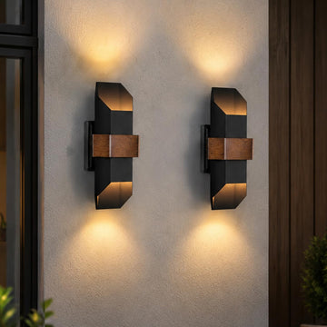 2 Pack LED Up Down Outdoor Wall Lights, with Wood-Grain Metal Belt