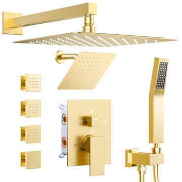 Shower Systems with 4 Body Spray Jets, 4 Way 12+6" Rainfall Shower Head with Handheld Combo, Wall Mounted Shower Jets