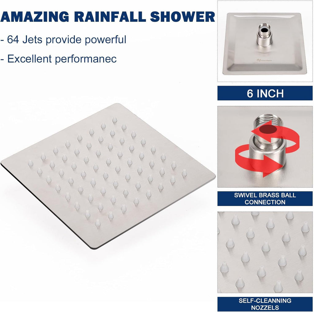 Rain Shower Head, High Flow Stainless Steel Square Rainfall Shower, High Pressure Design, Awesome Shower Experience