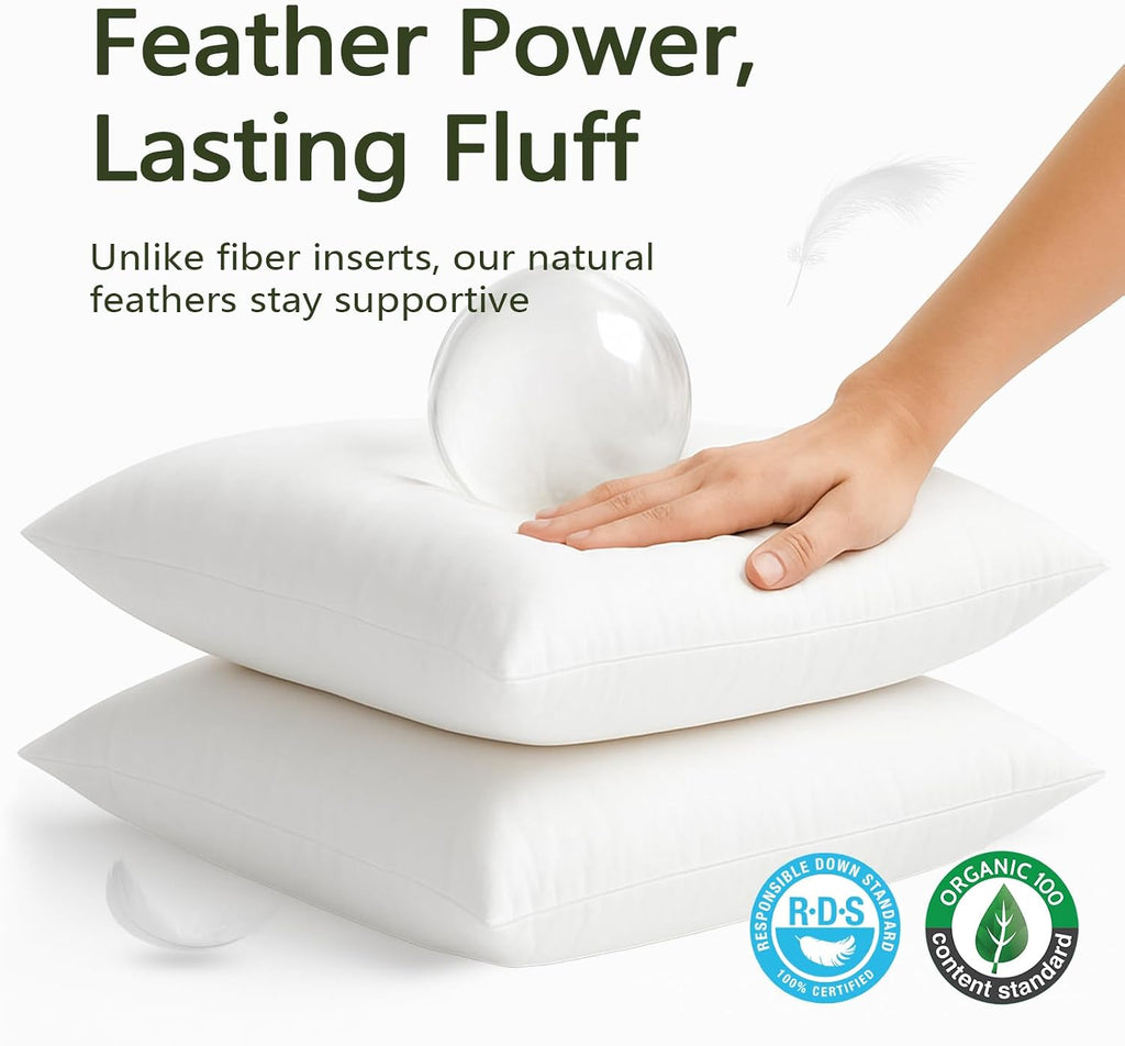 Feather Down Throw Pillow Inserts with Organic Cotton, 20x20 - Set of 2