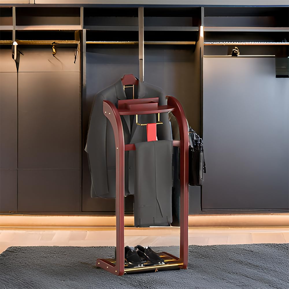 Suit Valet Stands for Women and Men, Wood Valet Stand with Base, Wardrobe Suit Valet Stand Organizer with Trouser Bar