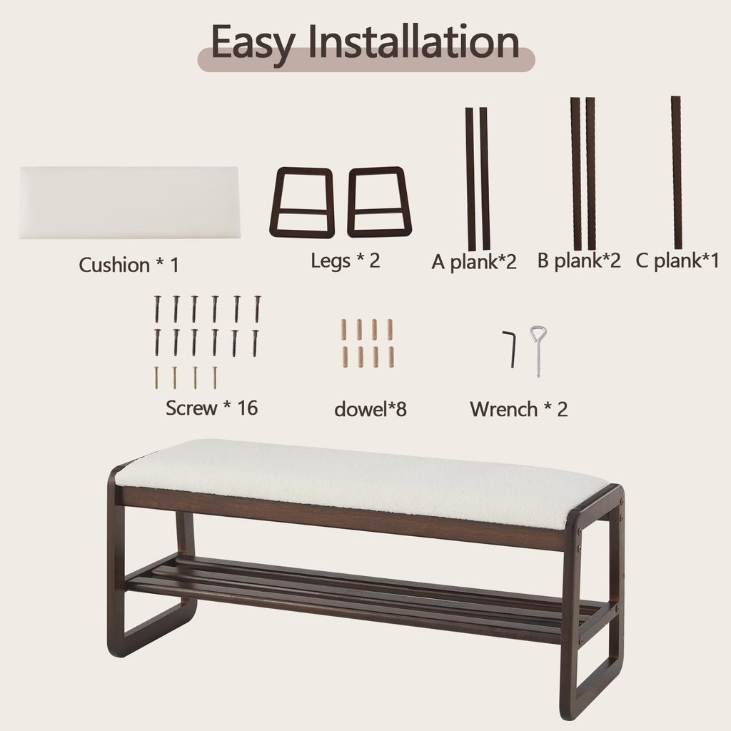 Shoe Rack Bench, 2 Tier Solid Wooden Entryway Bench(Cream White, 39.4")
