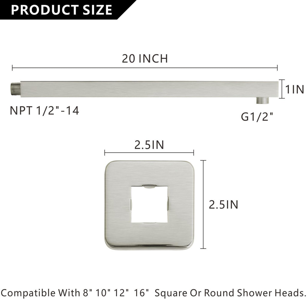 20" Square Shower Arm with Flange and Teflon Tape, Extension Shower Head Arm Fixed Shower Head, Solid Stainless