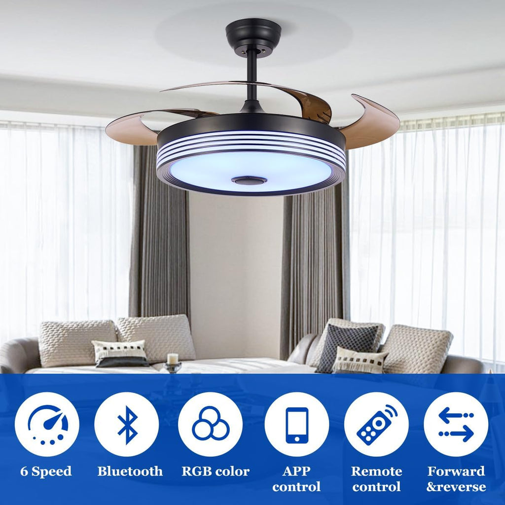 42 inch Modern Retractable Ceiling Fan with Lights and Remote Control, 6Speed Dimmable Fandelier, Smart Ceiling Fan