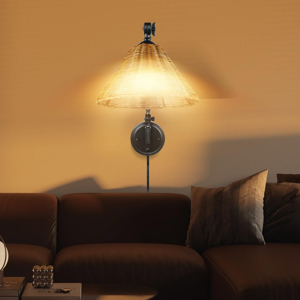 Rattan Plug in Wall Sconce Set, Plug in Cord and Dimmer