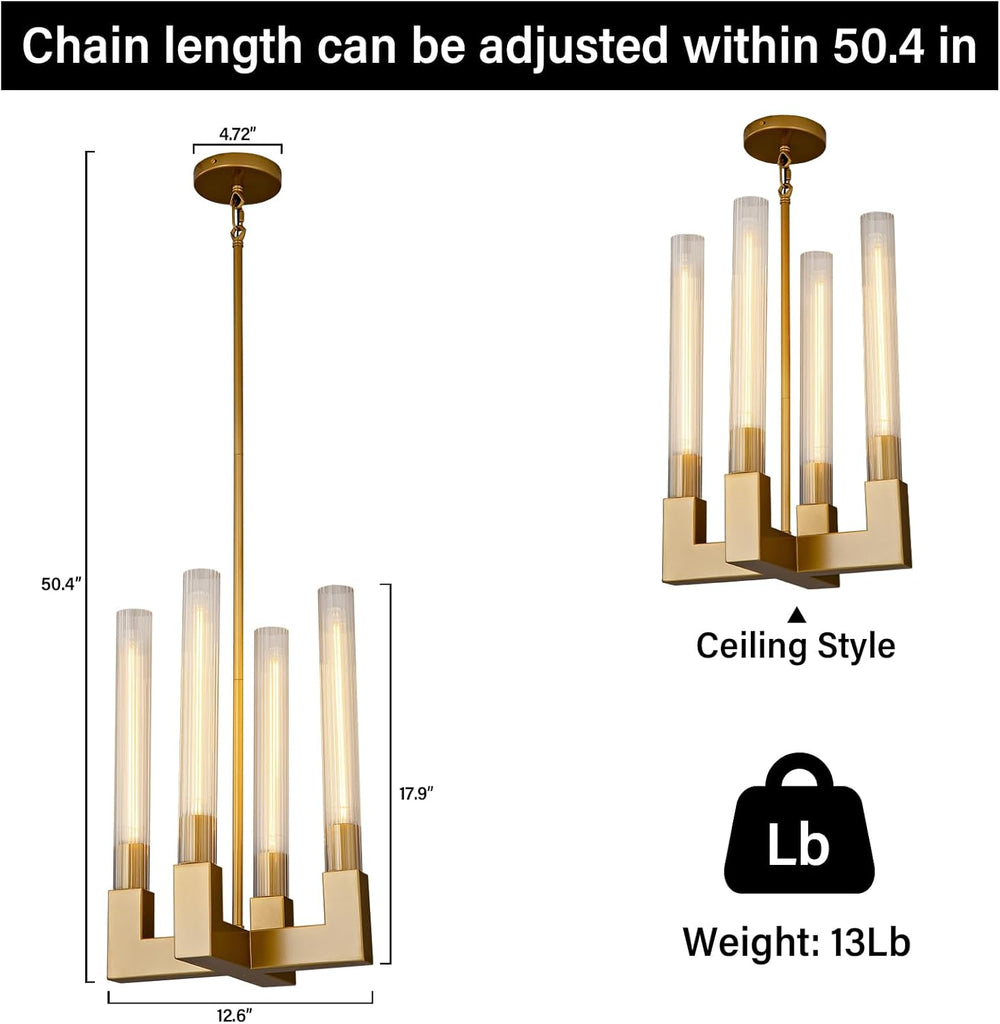 Glass Tube Gold Pendant Lights Kitchen Island, Adjustable Cord Modern Pendant Light Fixtures,Kitchen Pendant Lighting Over Island,Indoor Chandeliers for Bedroom, Included Bulb A114-B0CR4832ZL