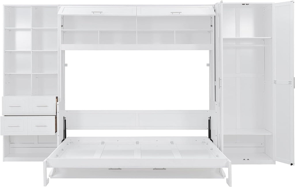 Queen Horizontal Murphy Bed with Desk, Folding Murphy Bed Cabinet with Wardrobe Storage Drawers and Shelves, Hideaway