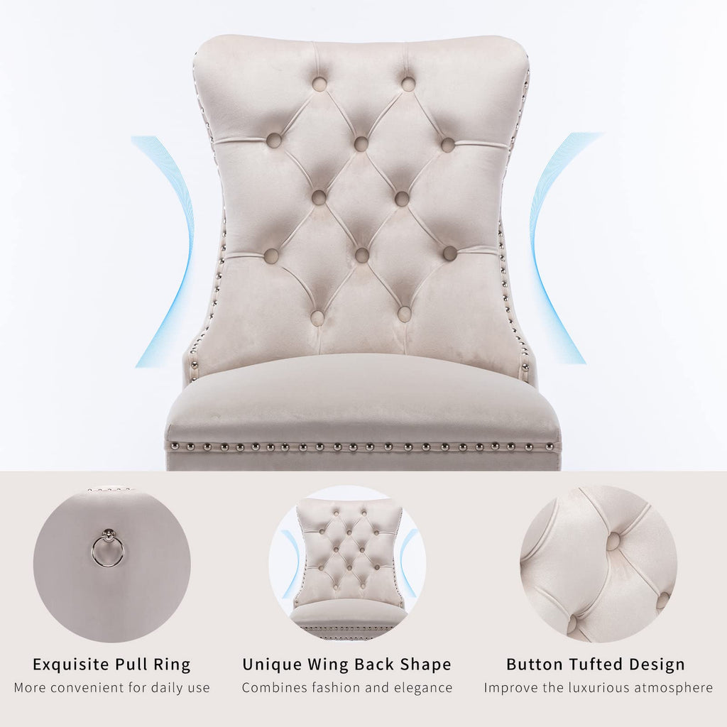 Beige Velvet Dining Chairs Set of 6, Tufted Kitchen & Dining Room Chairs