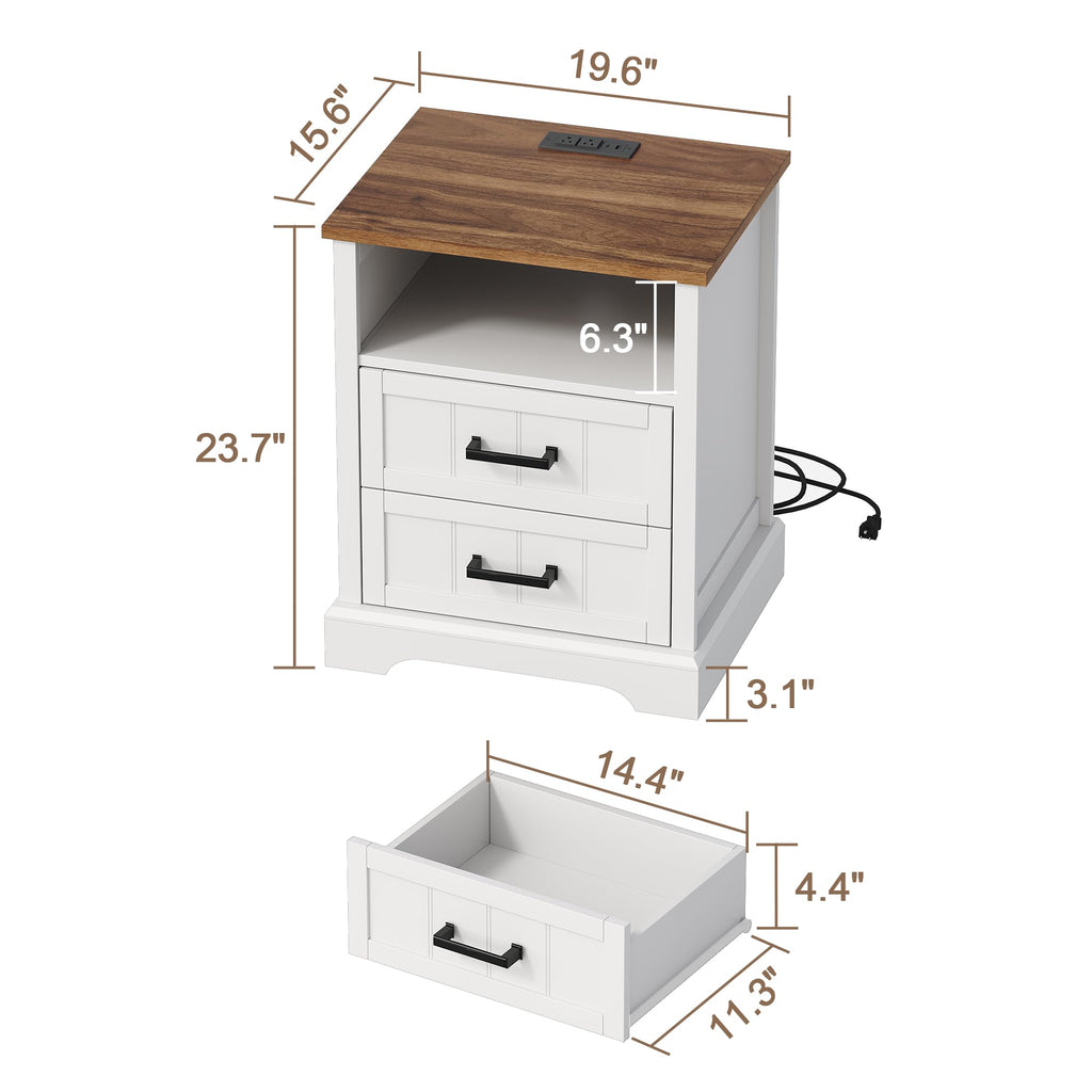 Farmhouse Night Stands with Charging Station 2 Drawers