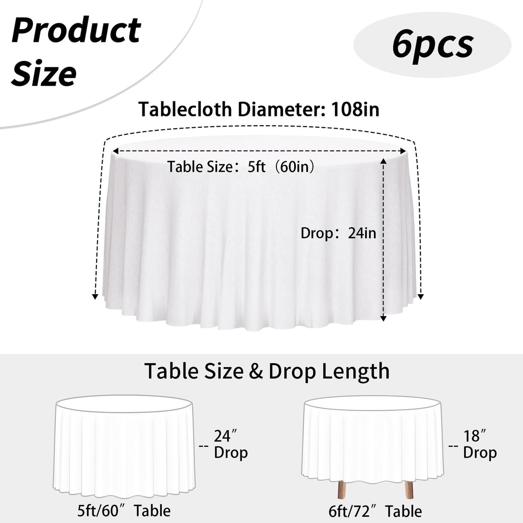 6 Pack 108 Inch Tablecloths Round White Table Cover
