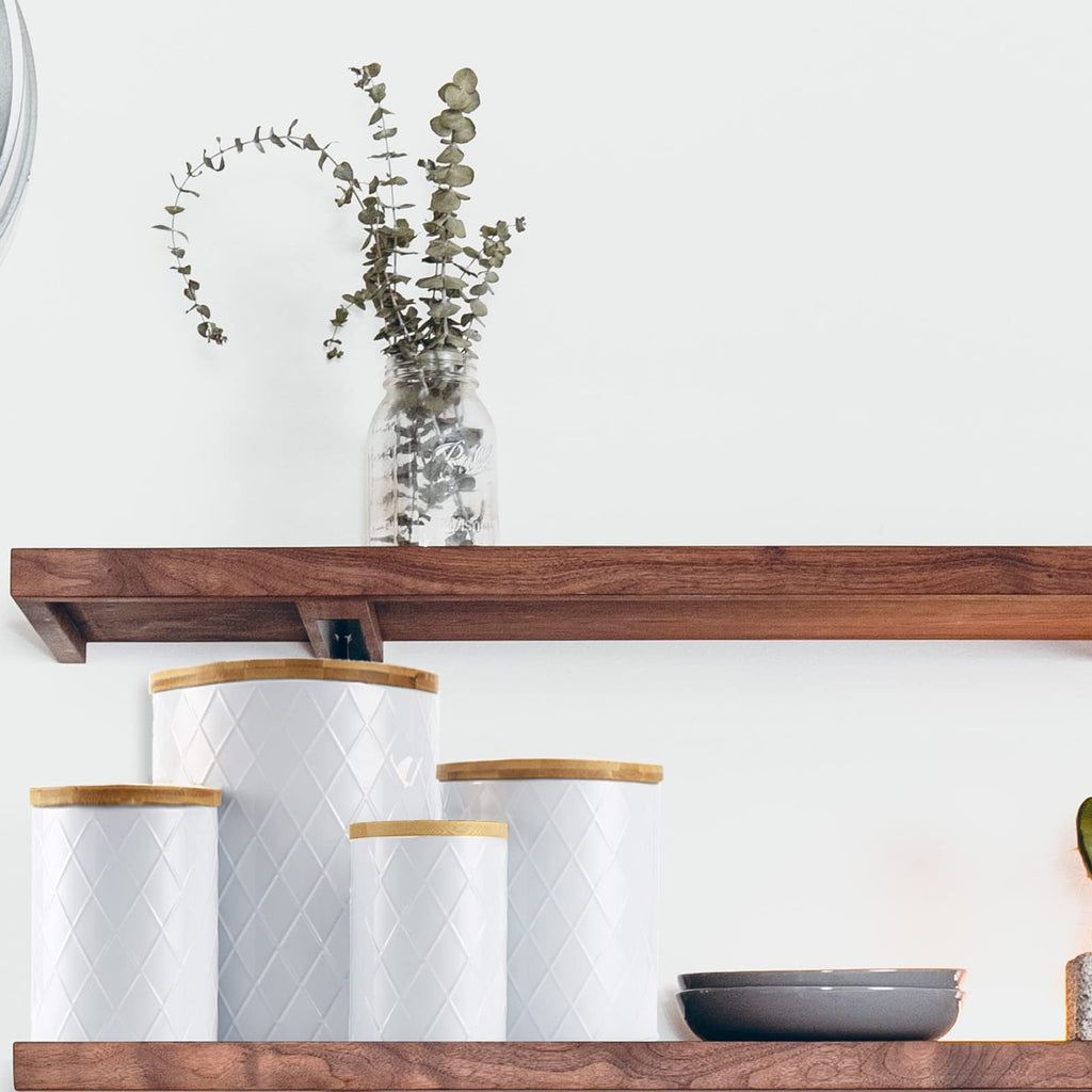 White Kitchen Canisters Set with Bamboo Lids, Airtight Sugar, Flour, Coffee, Cookie Storage Canister Sets Countertop