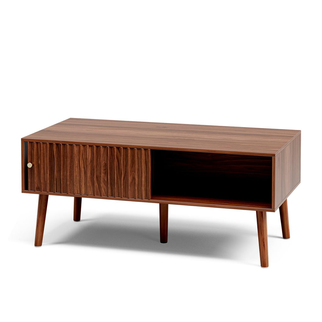 Coffee Table with Fluted Sliding Door, Mid-Century, Walnut