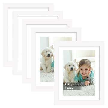 9x12 Picture Frame 5 Pack, White Photo Frame, Display Pictures 7x10 with Mat or 9x12 without Mat for Horizontal or
