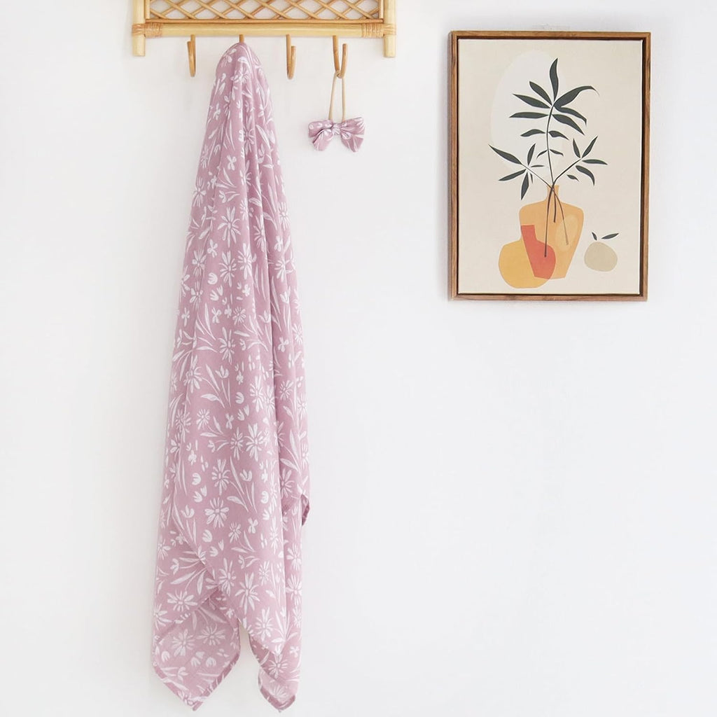 Baby Swaddle Blanket and Bow Set, Mauve Floral Muslin Swaddle Set with Matching Headband Bow, Infant