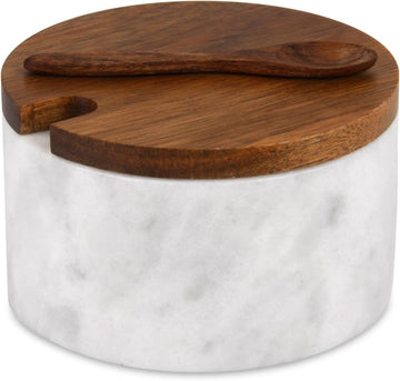 Marble Salt Cellar Box with Wood Lid & Spoon, Light Grey Bowl - Set of 3
