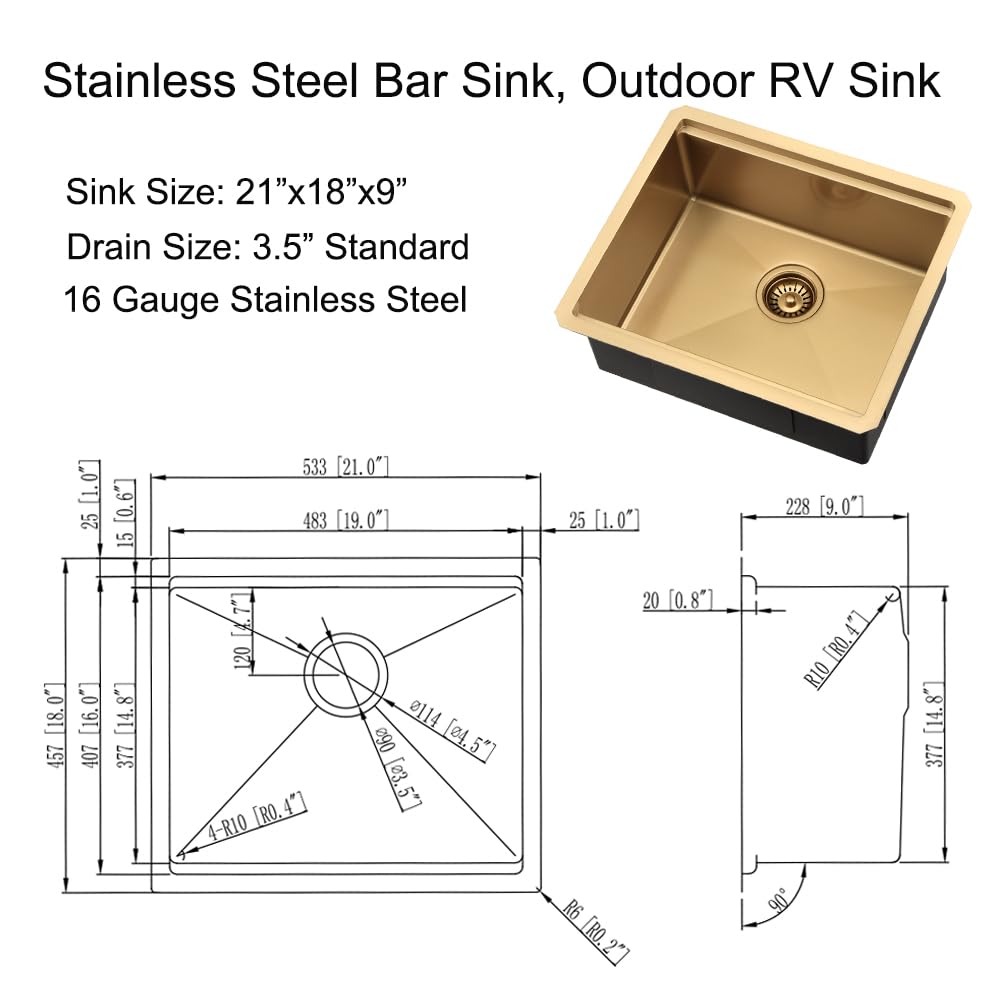 Gold Undermount Bar Sink, 21 x 18 Inch