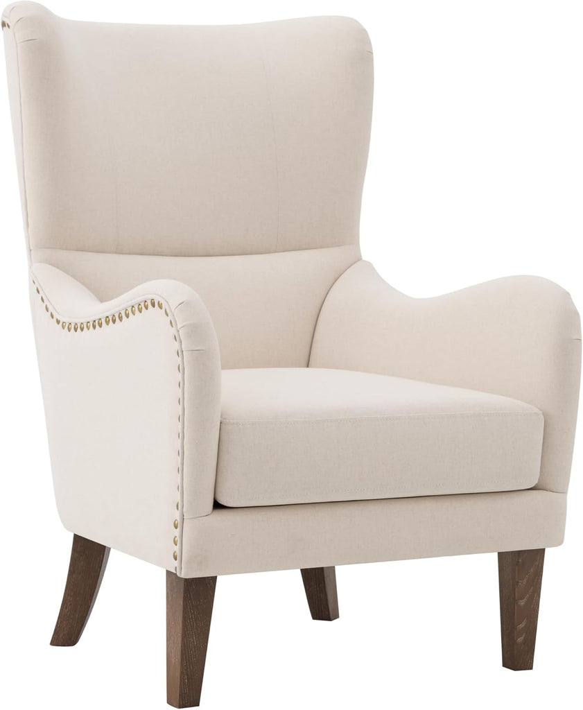 Modern Wingback Accent Chair, Linen Upholstered Armchair with Solid Ash Wood Legs and Nailhead Trim, High Back Living