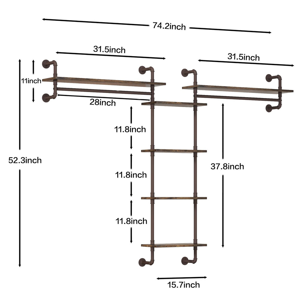5-Tiers 74inch Large Rustic Industrial Pipe Floating Shelving, Wall Mounted Heavy Duty Clothes Rack with Double