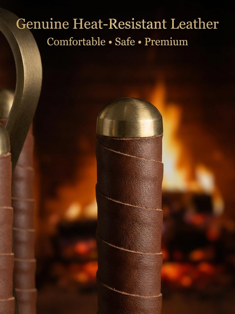 Premium 5-Piece Fireplace Tool Set with Genuine Leather Handles - Antique Brass Finished Wrought Iron - Heavy Duty