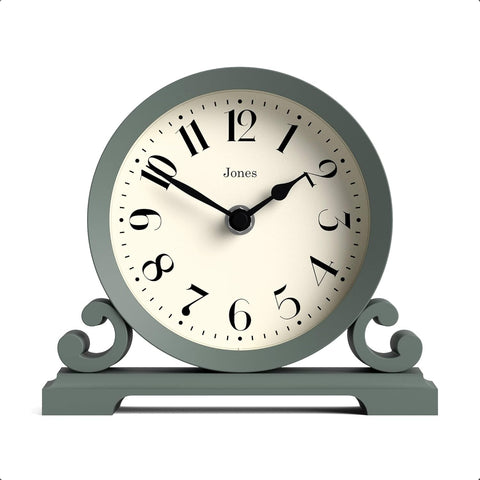 JONES CLOCKS Saloon Mantel Clock | Small Traditional Double Scroll Design | Green | Contemporary Classic Style for