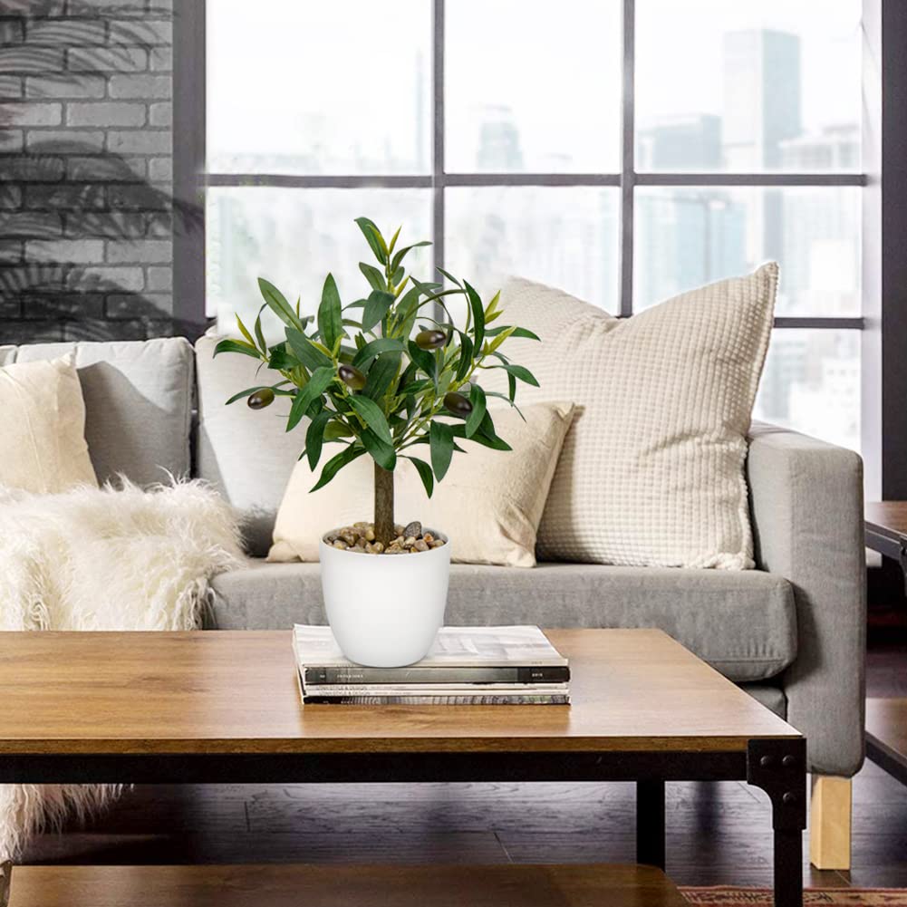 15 Inch Small Artificial Olive Tree in White Pot Tabletop Decor