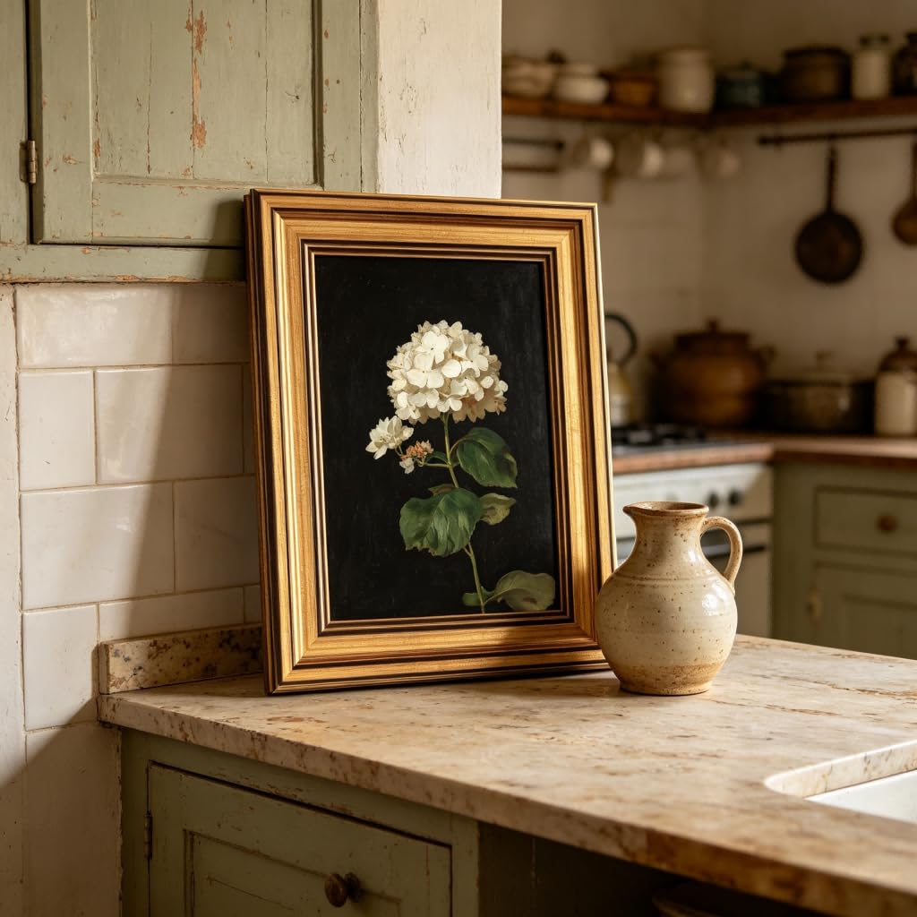 Gold Framed Moody Flower Canvas Wall Art White Hydrangea Living Kitchen painting Decor Pictures Bedroom Vintage Plant