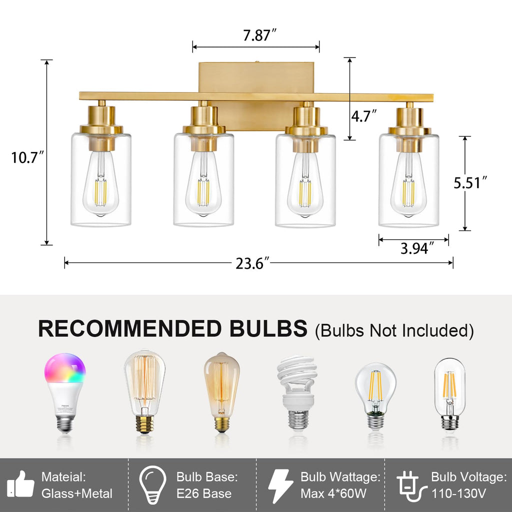 4 Light Gold Bathroom Light Fixtures Brushed Brass Vanity Light Over Mirror Modern Farmhouse Wall Lighting Sconces