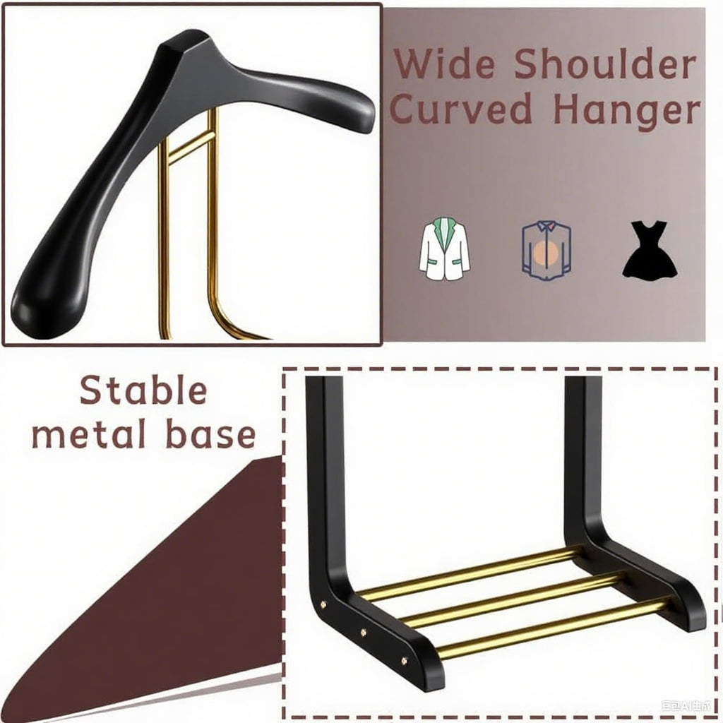 Suit Valet Stands for Women and Men, Wood Valet Stand with Base, Wardrobe Suit Valet Stand Organizer with Trouser Bar