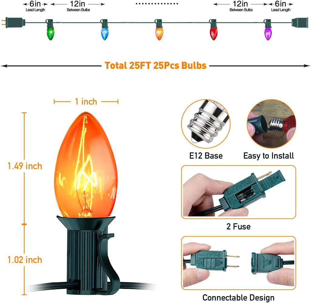 C7 Christmas Lights, 25FT Clear Multicolor Incandescent Green Wire