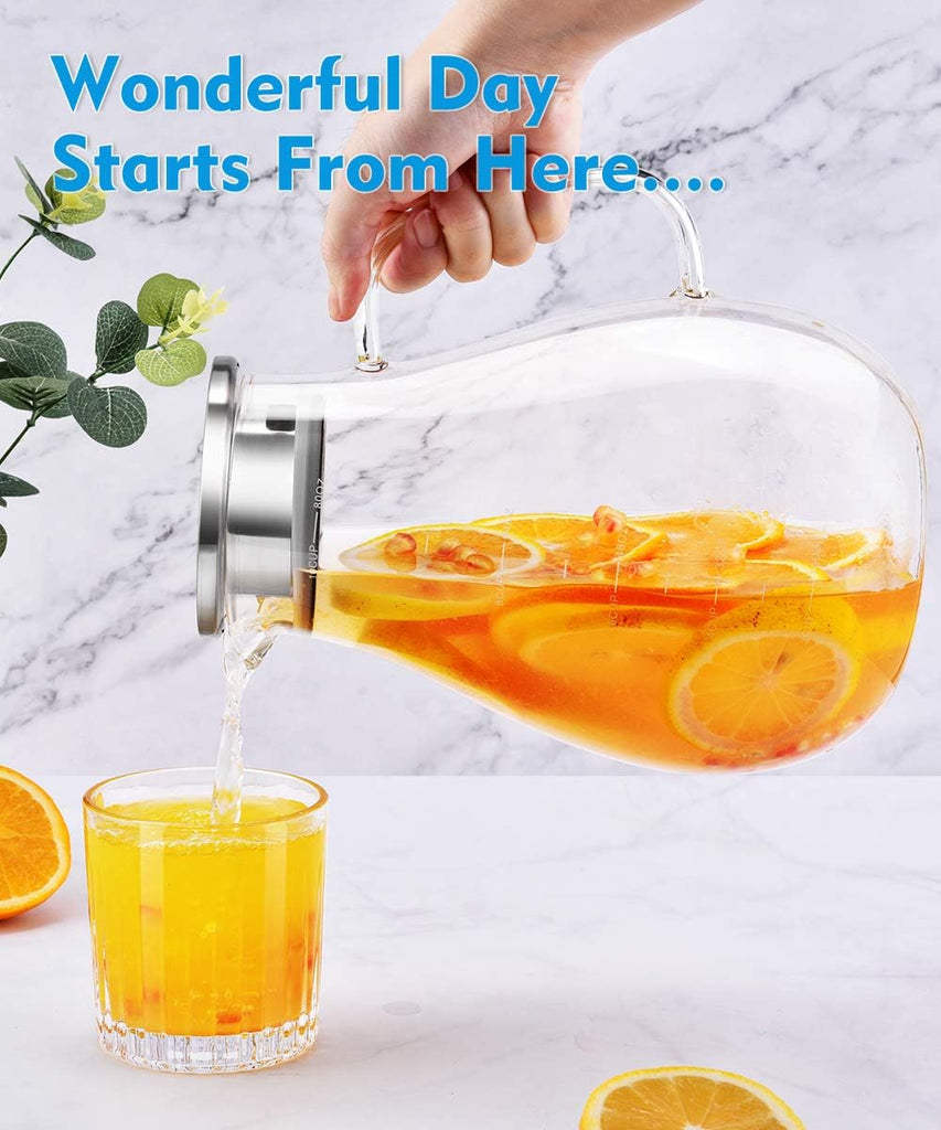 Glass Pitcher, 80oz Water Pitchers with Lid and Spout for Drinks, Hot&Cold Beverage, Juice, Iced Tea Pitcher for