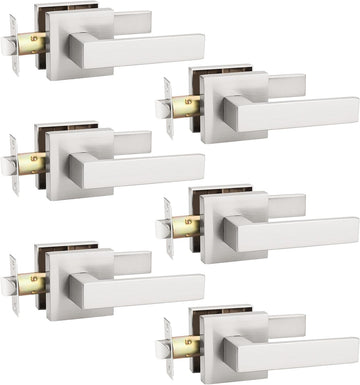 6 Pack Brushed Nickel Interior Door Knob, Heavy Duty Passage Lever Door Handle for Closet Hallway Satin Nickel Indoor
