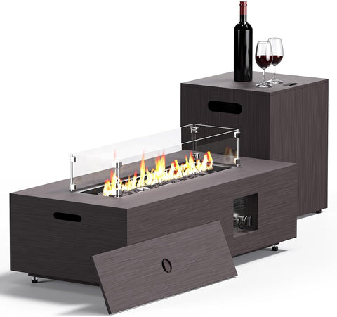 42in Fire Pit Table Propane Fire Pit 2 Piece Rectangular Gas Fire Pits 50,000 BTU with Wind Guard Propane Tank Cover Table