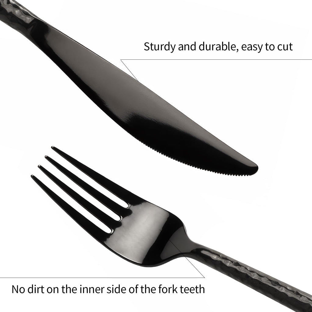 Black Silverware Set Round Hammered Handle 20 Pieces Service for 4