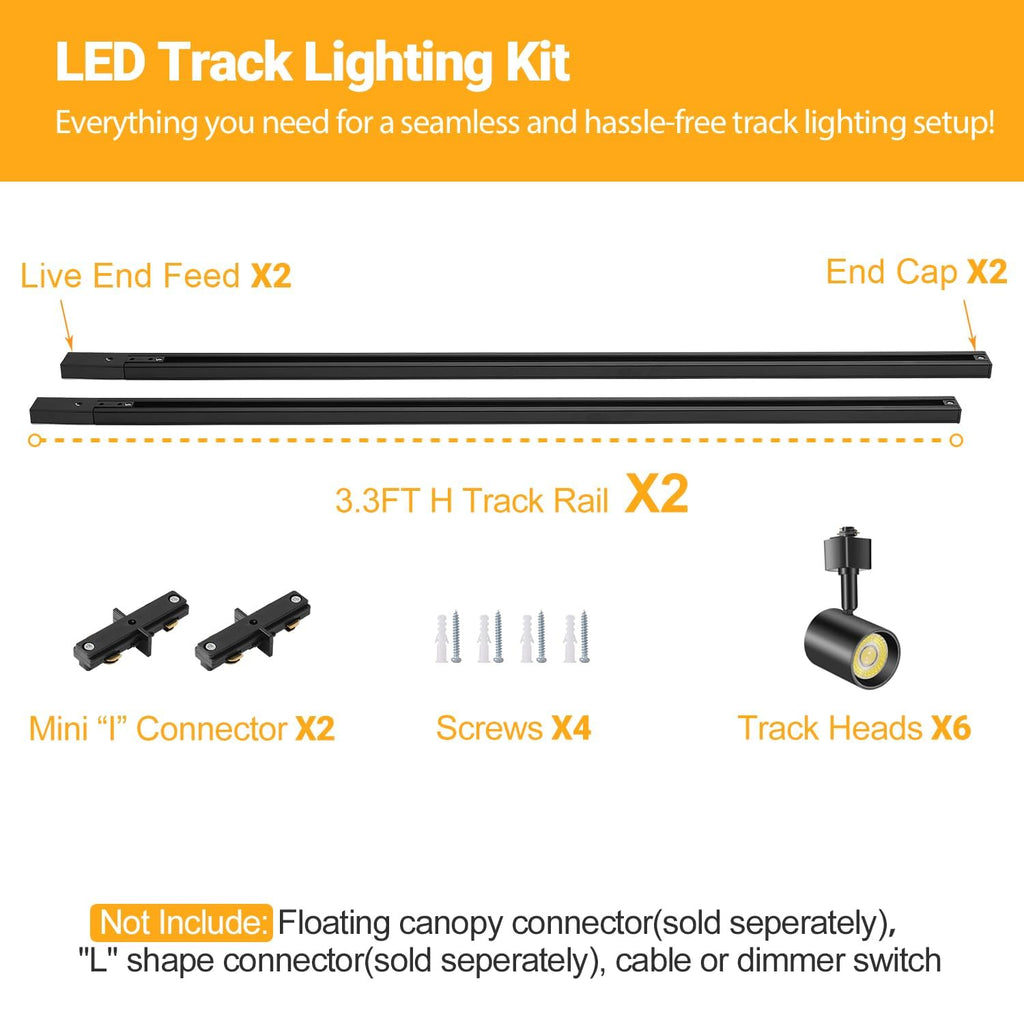 6 Lights LED Track Lighting Kit with Remote, 10W Dimmable Black
