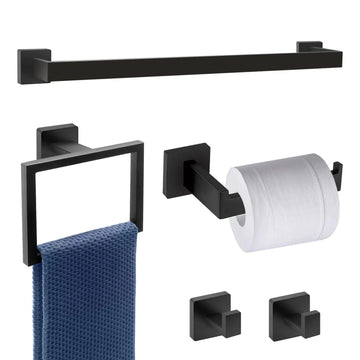 5-Piece Bathroom Hardware Set - Black Towel Bar Set with 2 Towel Hooks, Stainless Steel Wall Mounted Bathroom Towel