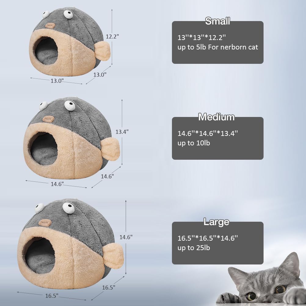 Cat Beds for Indoor Cats-Cat Bed Cave, Cute Lively Pufferfish shape, Grey L