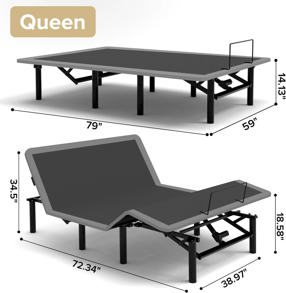Adjustable Bed Frame Queen Size for Seniors (Grey, Easy Assembly)