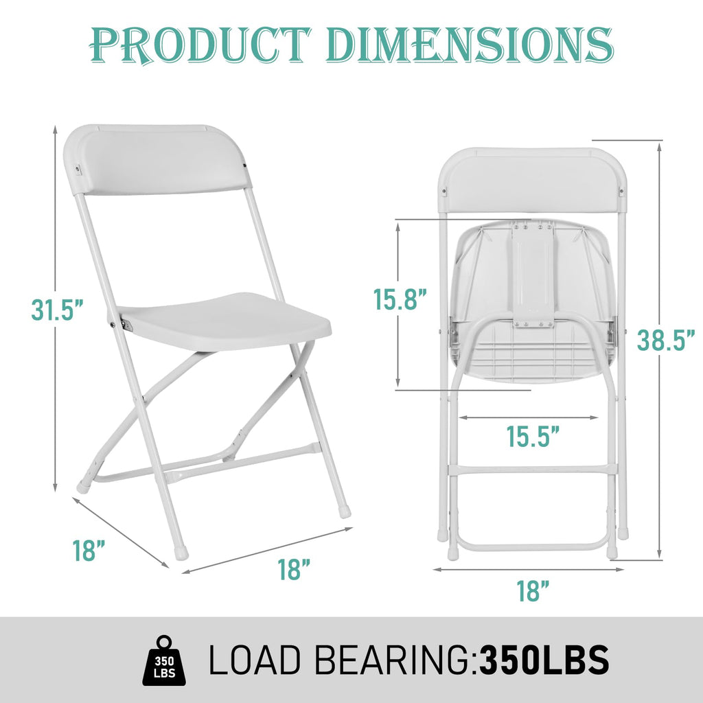 12 Pack White Commercial Plastic Folding Chairs, Heavy Duty, 350 lb