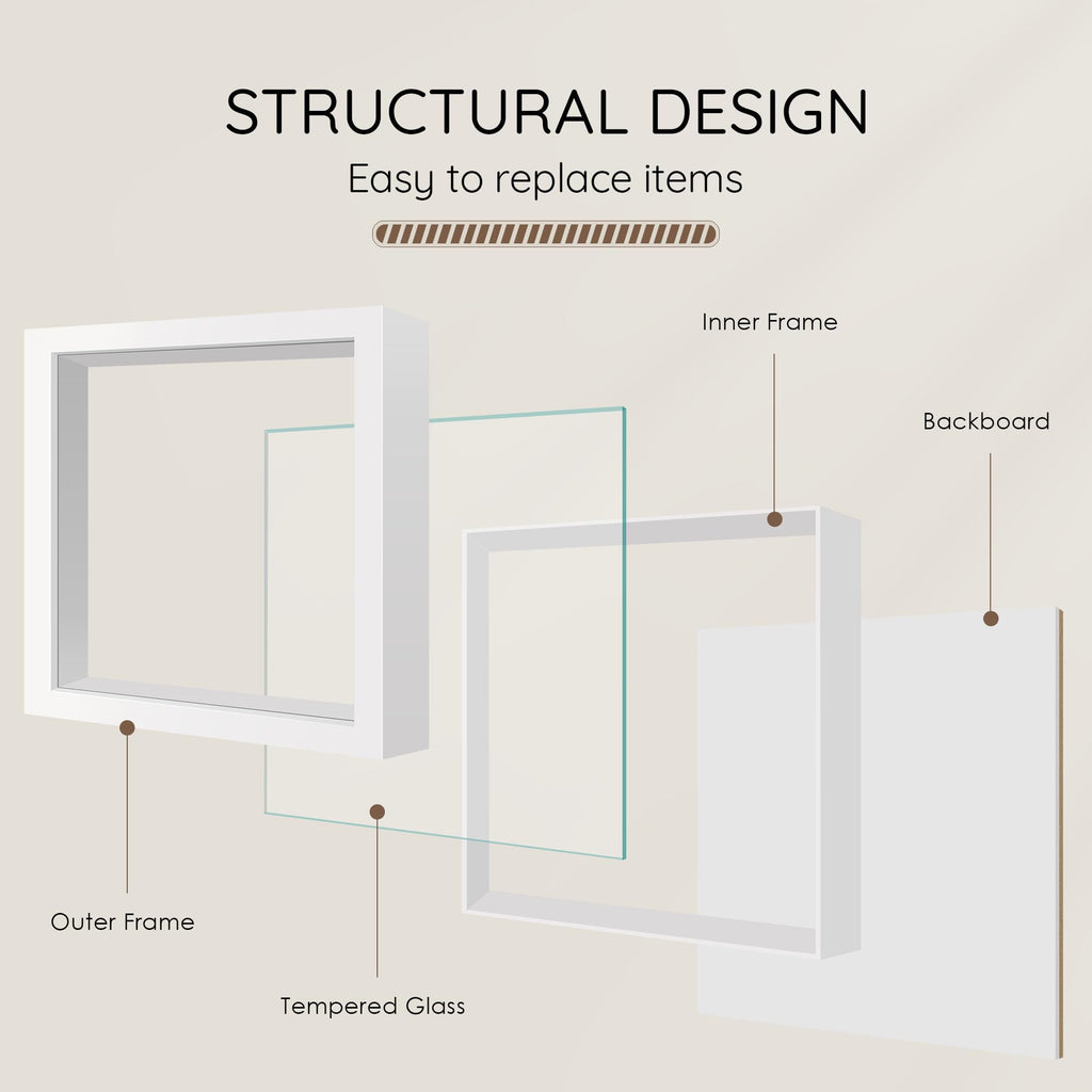 10x10 White Wooden Shadow Box Frame, Tempered Glass, 2 Pack