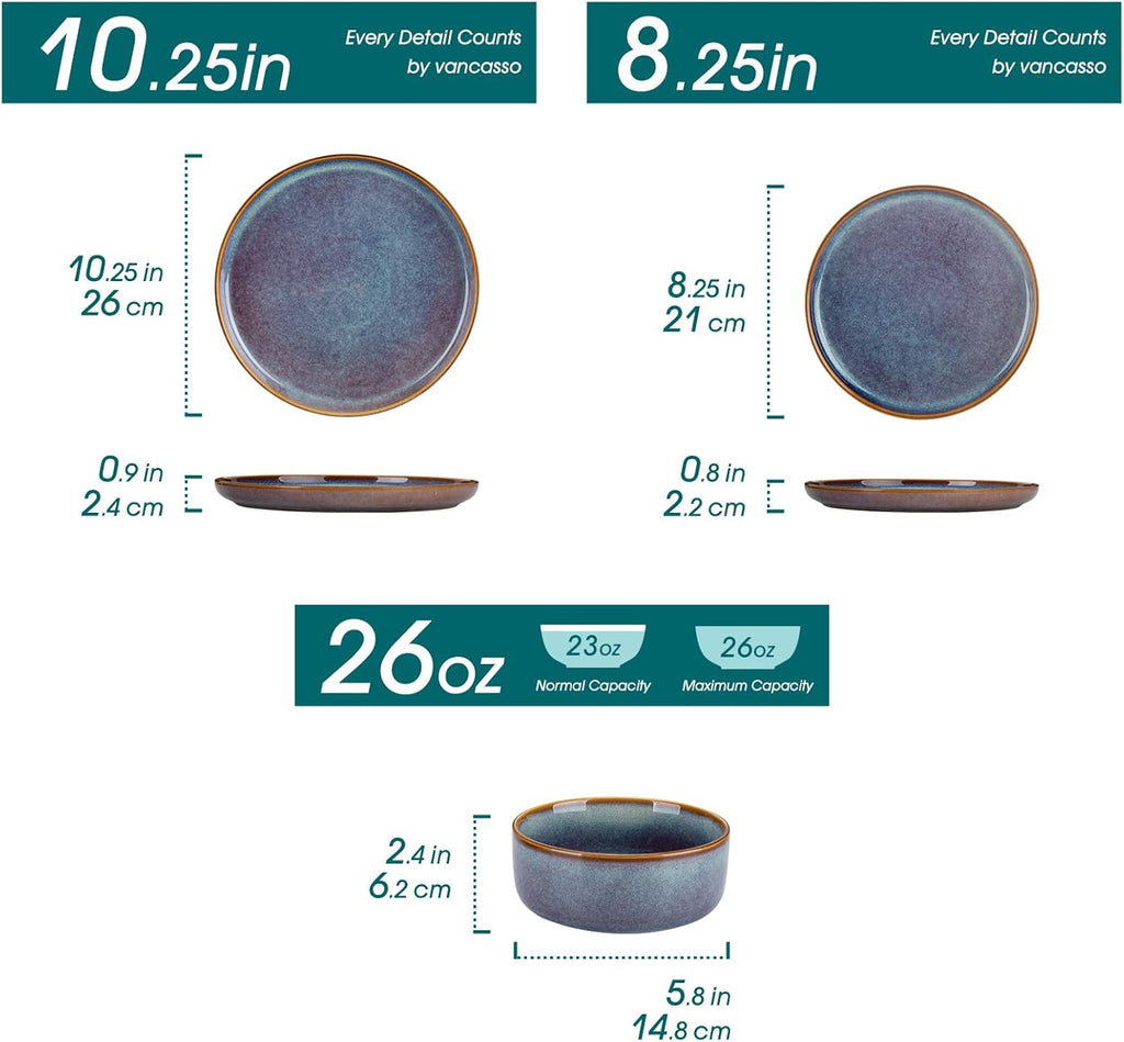 PLAYA Plates and Bowls Sets, 12 Pieces Grey-Blue Dinnerware SetsReactive Glaze Dishes Set for 4