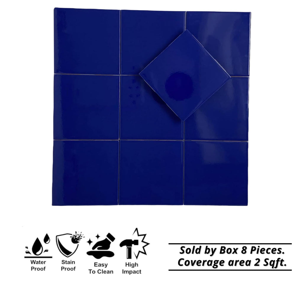 Classic 6x6 Glossy Cobalt Blue Ceramic Wall Tile - Box of 8 Pieces (2 Sq Ft) Backsplash, Bathroom Wall, Shower &