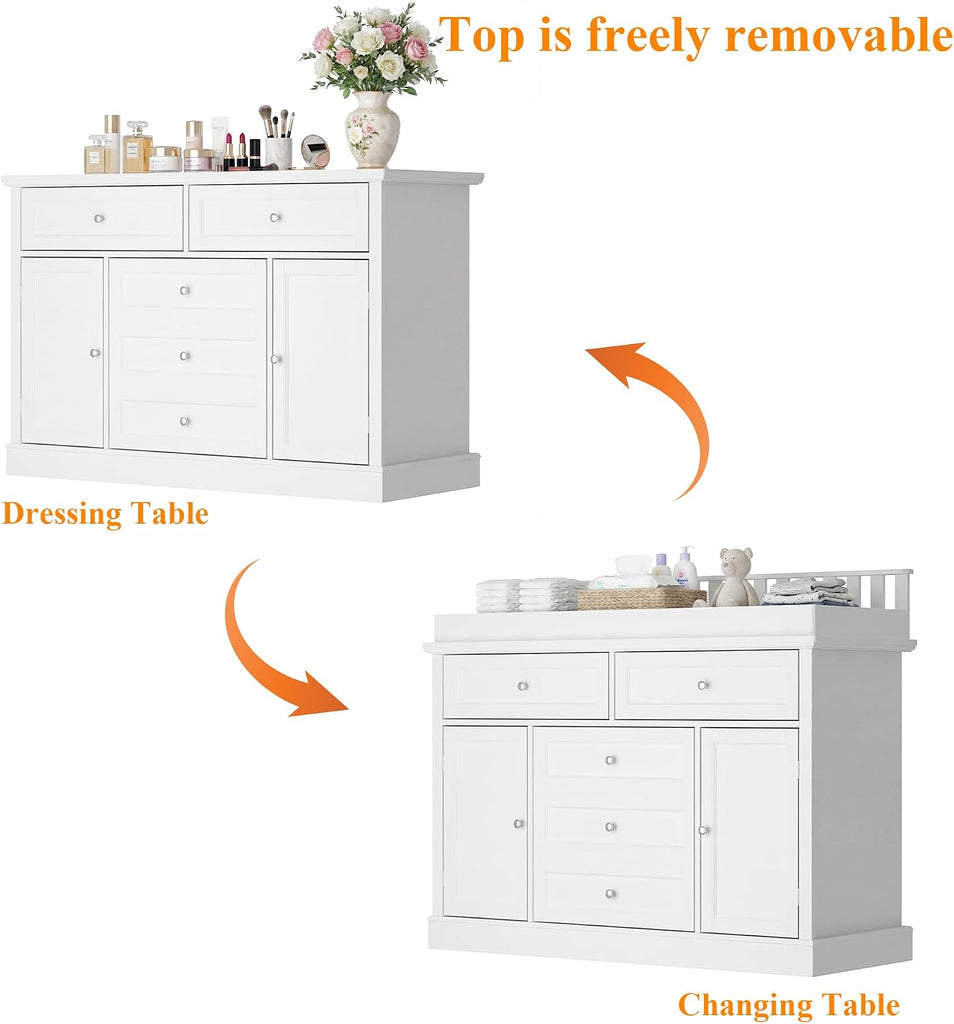 46" Baby Dresser with Changing Table Top, White Dresser with Storage Drawers and Doors , Multifunctional Nursery Baby