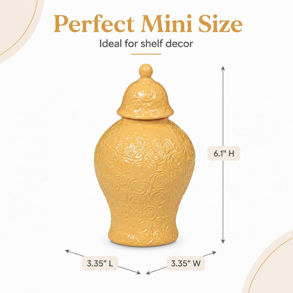 Small Ceramic Ginger Jar with Lid, 6 Inch Yellow Ginger Jar Vase Decor, Mini Porcelain Vase with Embossed Rose