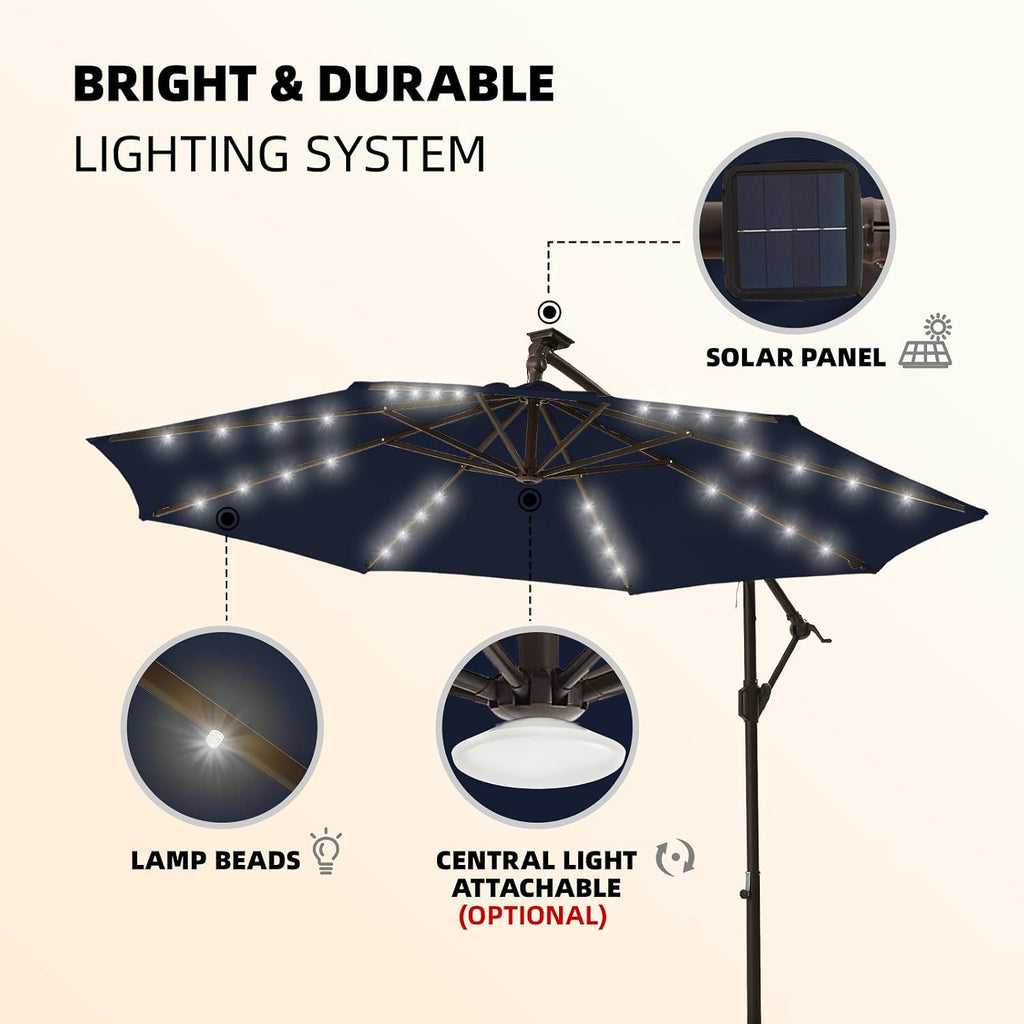 10ft Solar LED Offset Hanging Market Cantilever Patio Umbrella and Garden, Easy Tilt Adjustment