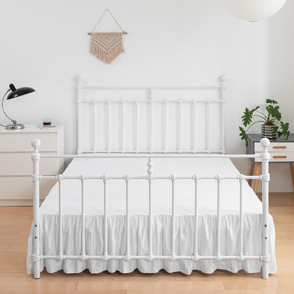 Bed Skirt Queen Size, Ruffled Bed Skirts 18 Inch Drop, White | Striped Boho Tufted, with Split Corners, Easy Fit