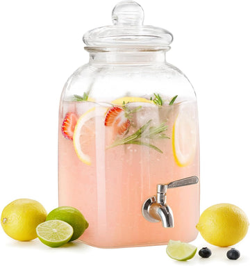 Glass Drink Dispenser, with Leak-Proof Stainless Steel Spigot and Customizable Label Tag, Clear Mason Jar, Beverage