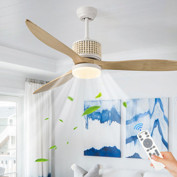 60in Boho White Ceiling Fan Lights with Remote Control 3 Blade Wood Bead Ceiling Fans with Light Coastal Natural Wood